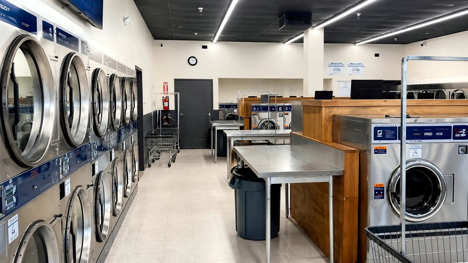 Dexter dryers, folding tables, and carts inside Bennett Valley Laundromat
