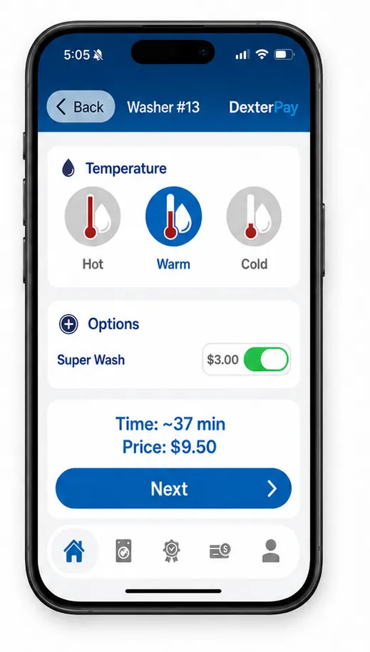DexterPay app screen showing washer settings and mobile payment controls