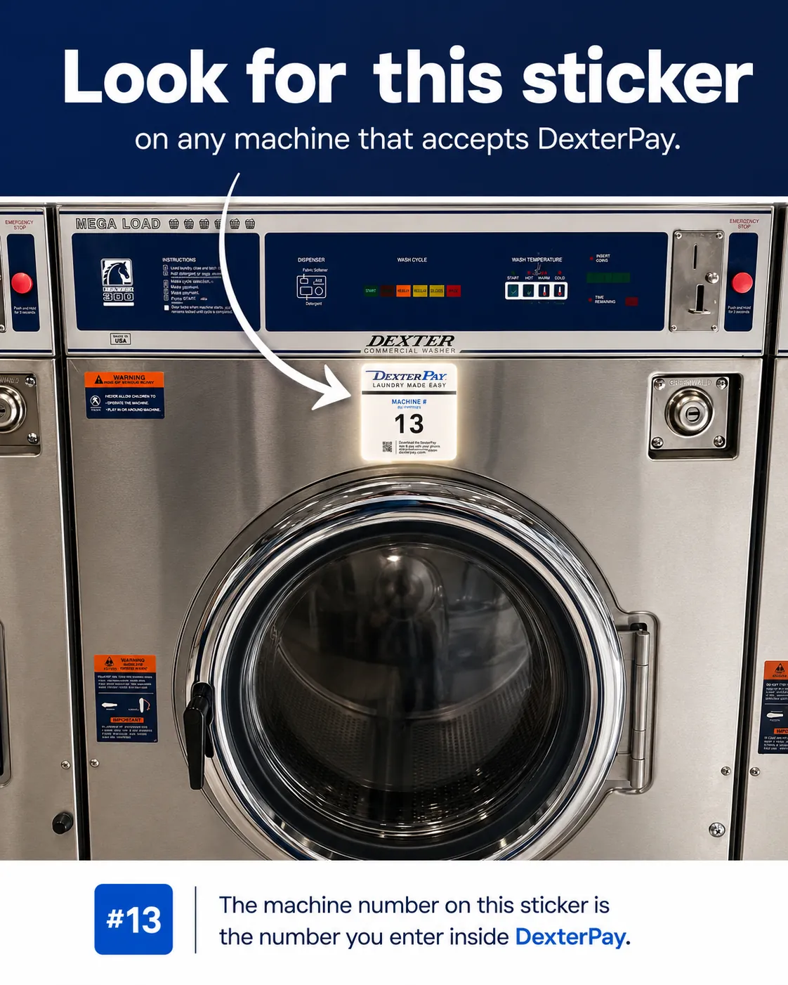 DexterPay sticker shown on a washer with the machine number highlighted