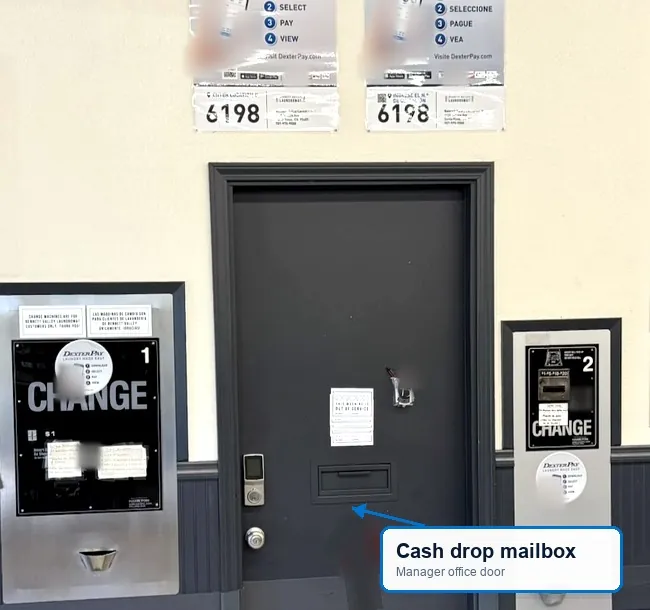 Cash drop mailbox on the manager office door at Bennett Valley Laundromat